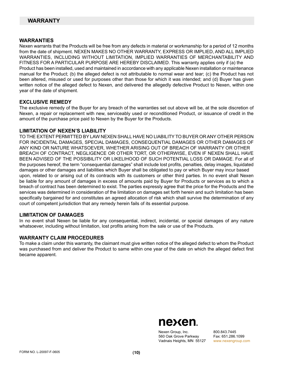 Nexen EN40-2B 912004 User Manual | Page 10 / 10