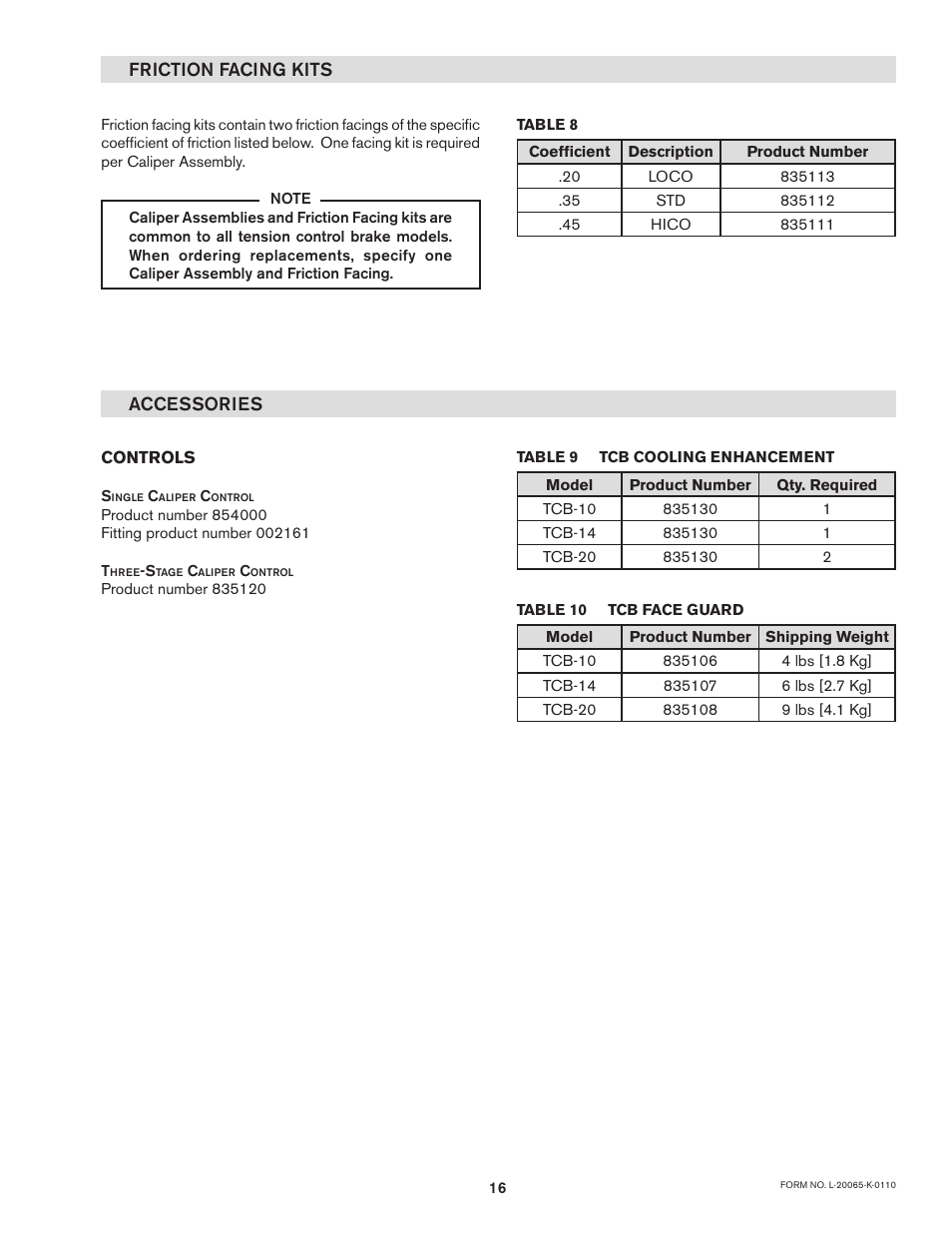 Friction facing kits accessories | Nexen TCC Caliper 835121 User Manual | Page 19 / 20