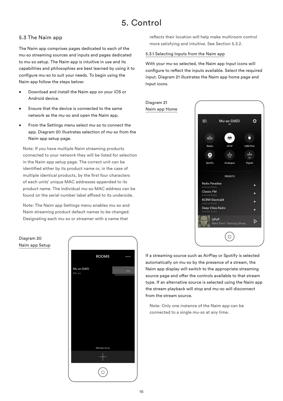 3 the naim app, Diagram 20 naim app setup, Diagram 21 naim app home | Control | Naim Audio Mu-so User Manual | Page 18 / 22