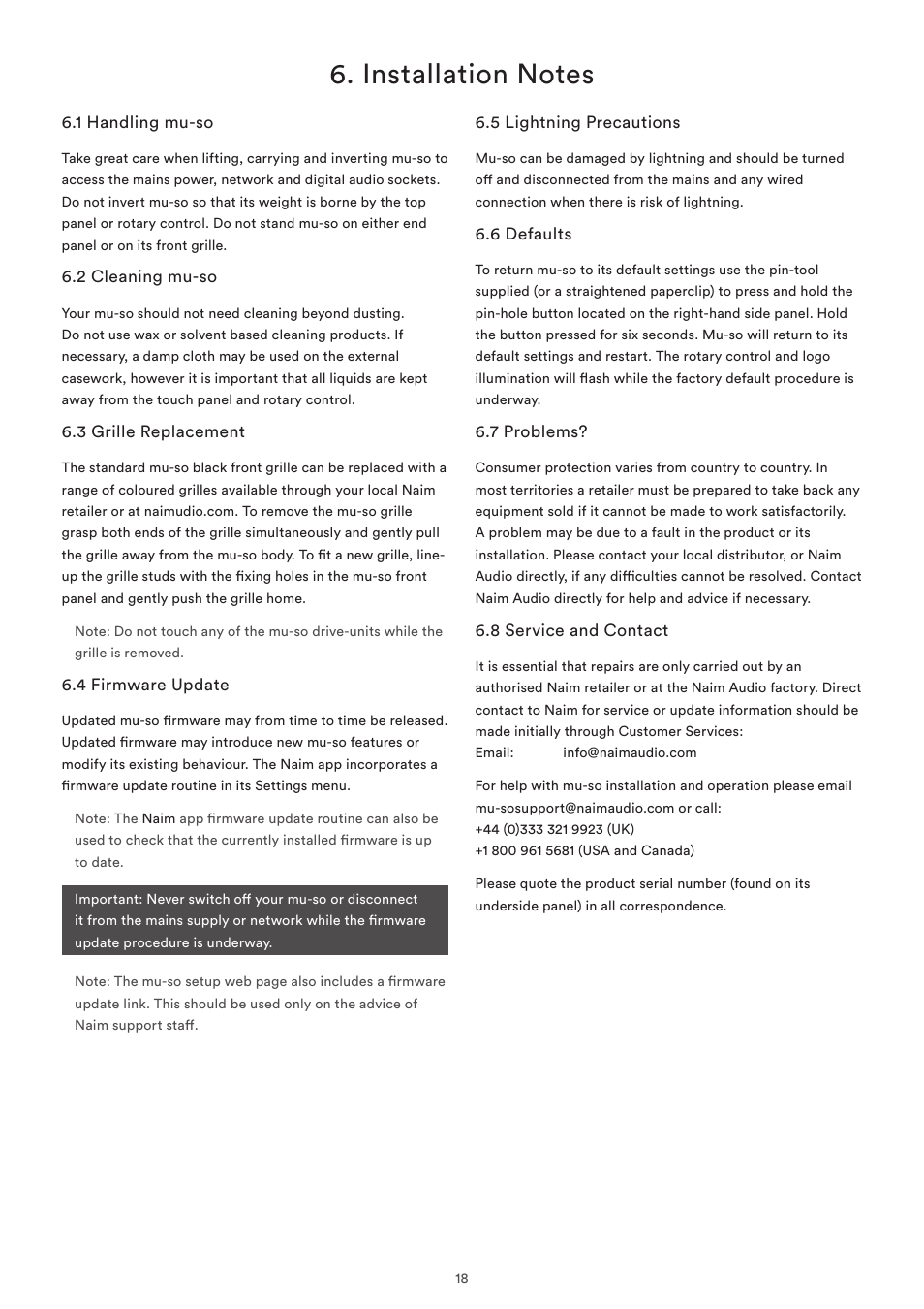 Installation notes, 1 handling mu-so, 2 cleaning mu-so | 3 grille replacement, 4 firmware update, 5 lightning precautions, 6 defaults, 7 problems, 8 service and contact | Naim Audio Mu-so User Manual | Page 20 / 22