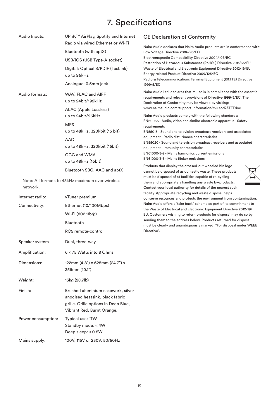 Specifications | Naim Audio Mu-so User Manual | Page 21 / 22