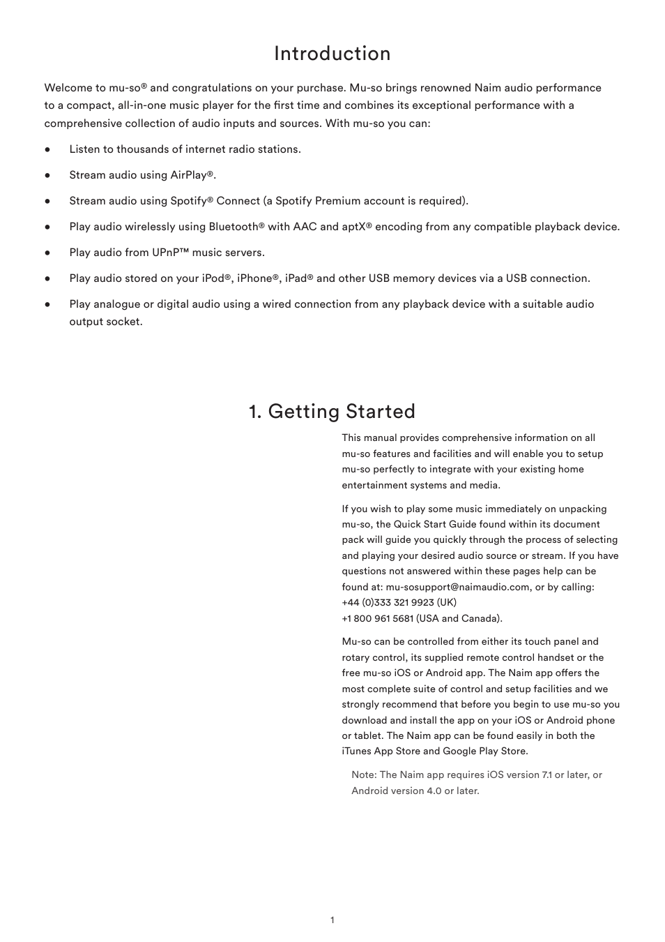 Introduction, Getting started, Introduction 1. getting started | Naim Audio Mu-so User Manual | Page 3 / 22