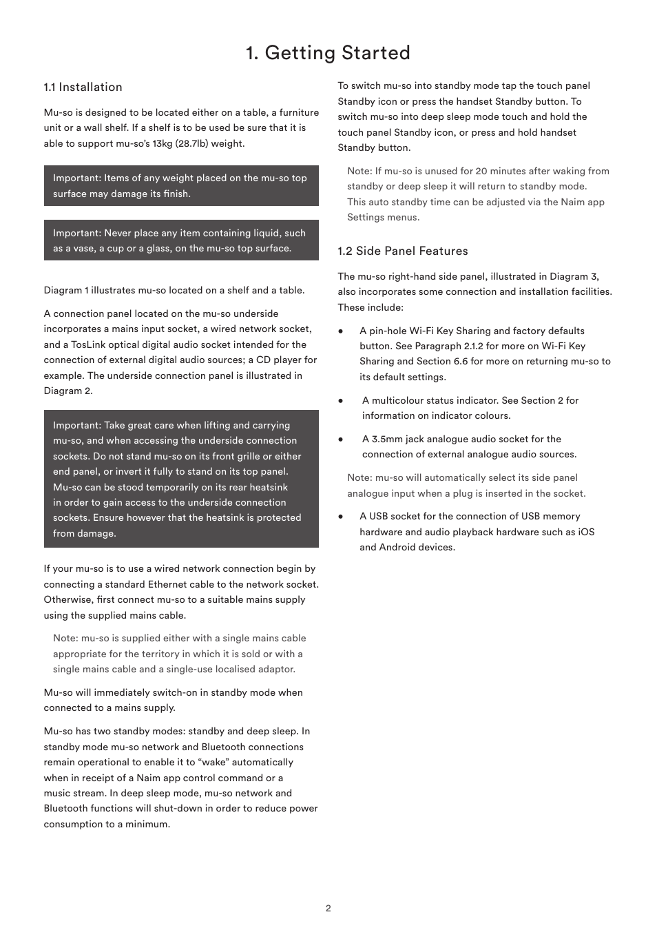 1 installation, 2 side panel features, Getting started | Naim Audio Mu-so User Manual | Page 4 / 22