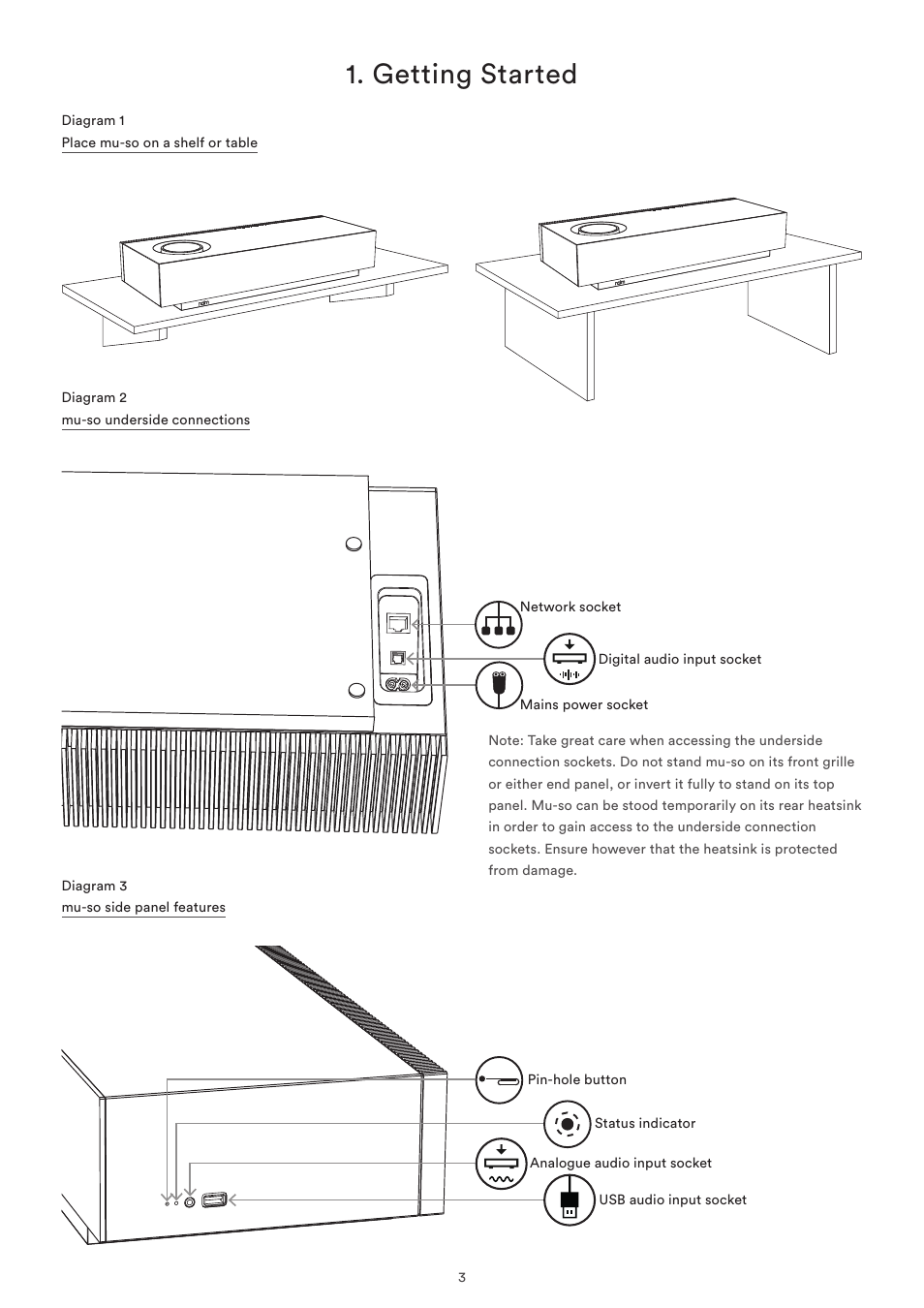 Diagram 1 place mu-so on a shelf or table, Diagram 2 mu-so underside connections, Diagram 3 mu-so side panel features | Getting started | Naim Audio Mu-so User Manual | Page 5 / 22