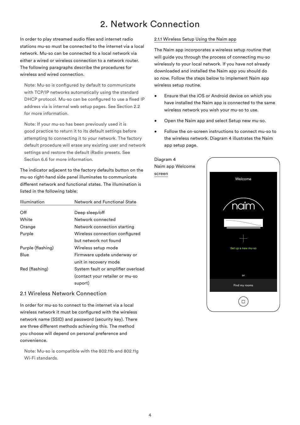 Network connection, 1 wireless network connection, Diagram 4 naim app setup screen | Naim Audio Mu-so User Manual | Page 6 / 22