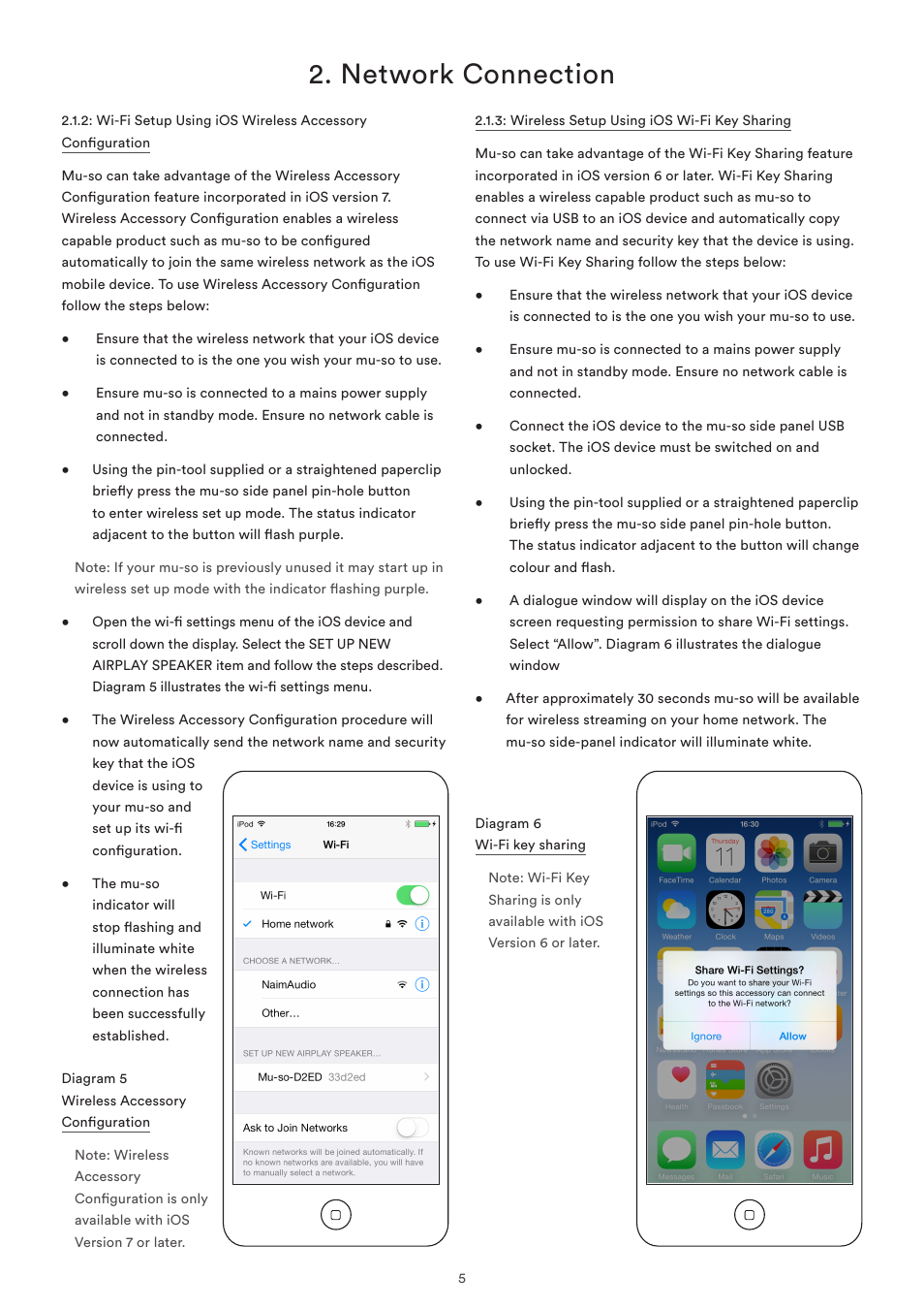 Diagram 5 wireless accessory configuration, Diagram 6 wi-fi key sharing, Network connection | Naim Audio Mu-so User Manual | Page 7 / 22