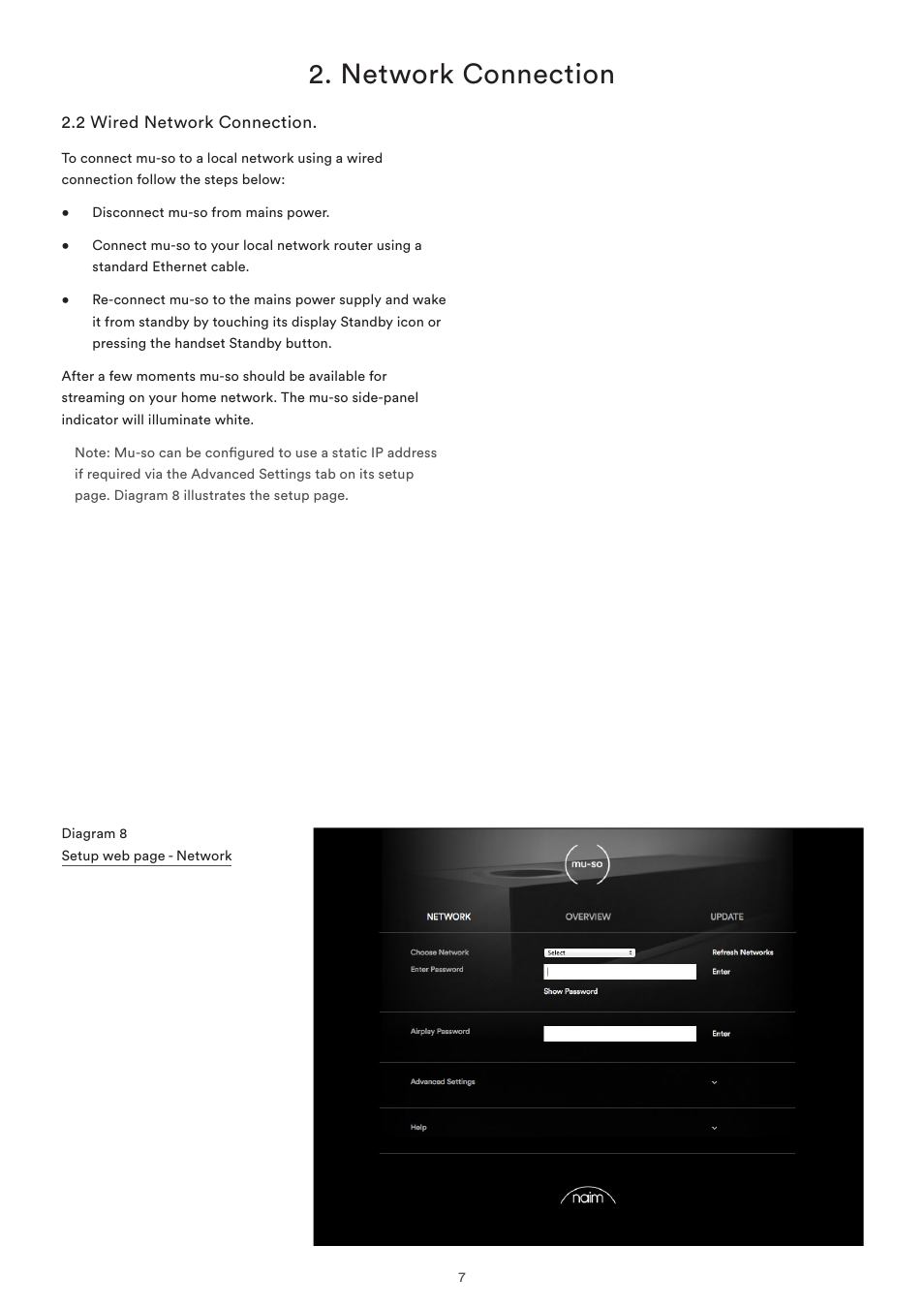 2 wired network connection, Network connection | Naim Audio Mu-so User Manual | Page 9 / 22