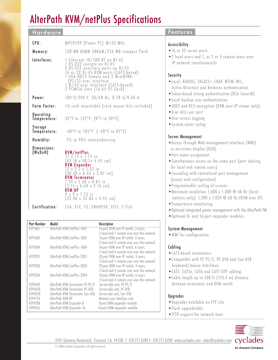 Alterpath kvm/netplus specifications | Cyclades AlterPath KVM/netPlus KVM Switch User Manual | Page 2 / 2