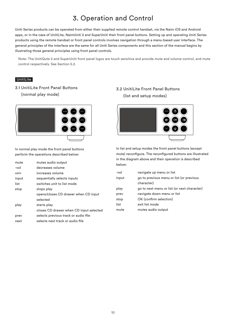Operation and control, 1 unitilite front panel buttons, Normal play mode) | 2 unitilite front panel buttons, List and setup modes) | Naim Audio SuperUniti User Manual | Page 12 / 36