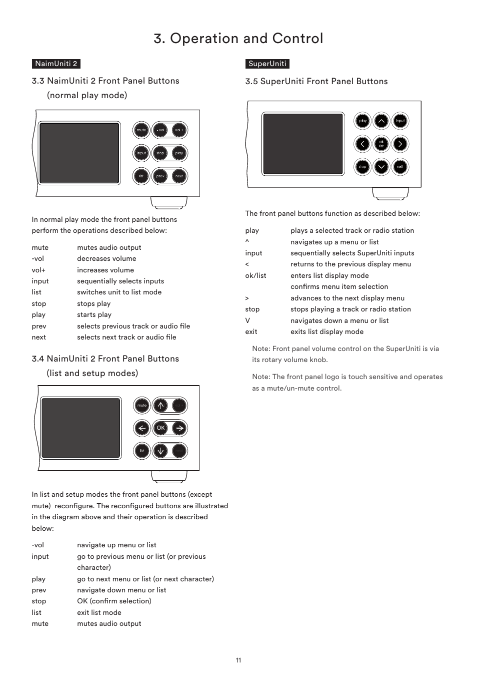 5 superuniti front panel buttons, 3 naimuniti 2 front panel buttons, Normal play mode) | 4 naimuniti 2 front panel buttons, List and setup modes), 5 superuniti front panel buttons, Operation and control | Naim Audio SuperUniti User Manual | Page 13 / 36
