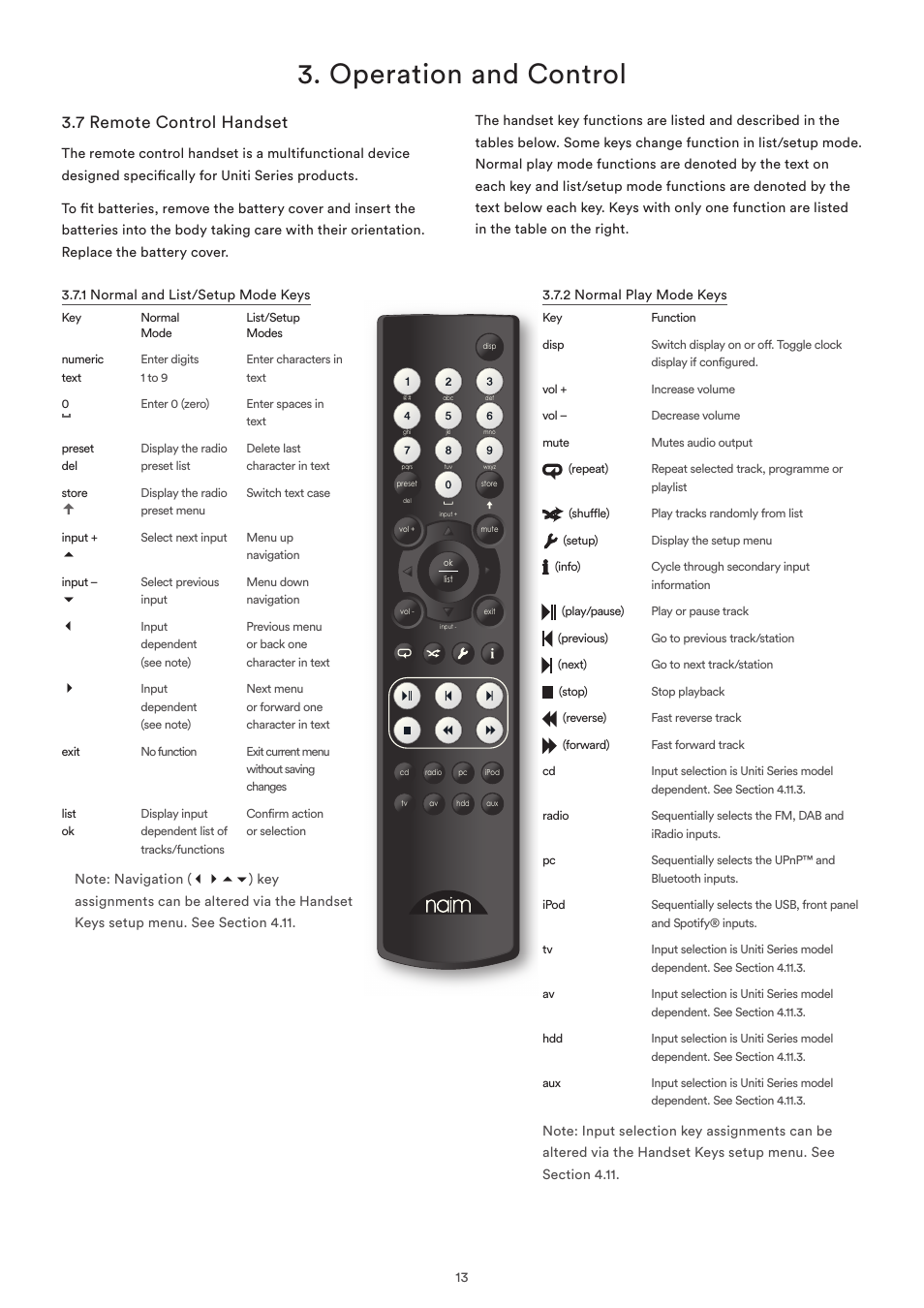 7 remote control handset, Operation and control | Naim Audio SuperUniti User Manual | Page 15 / 36