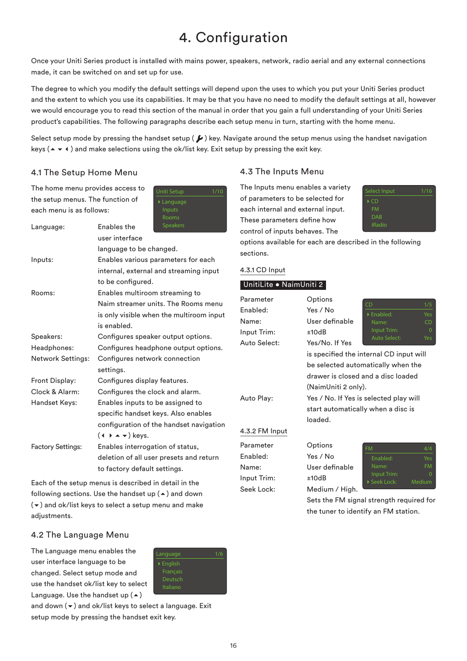 Configuration, 1 the setup home menu, 2 the language menu | 3 the inputs menu | Naim Audio SuperUniti User Manual | Page 18 / 36