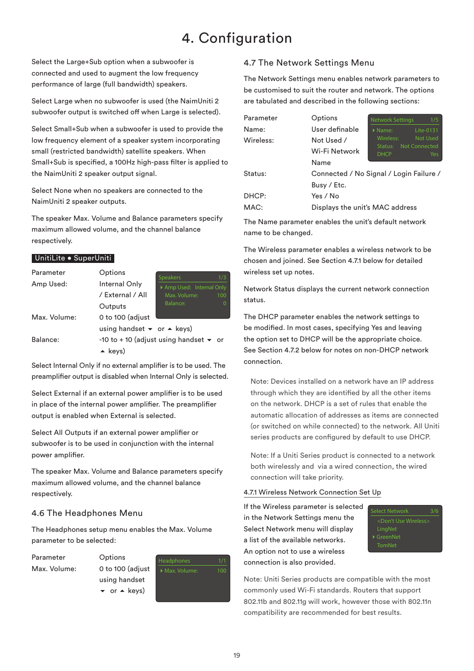 6 the headphones menu, 7 the network settings menu, Configuration | Naim Audio SuperUniti User Manual | Page 21 / 36