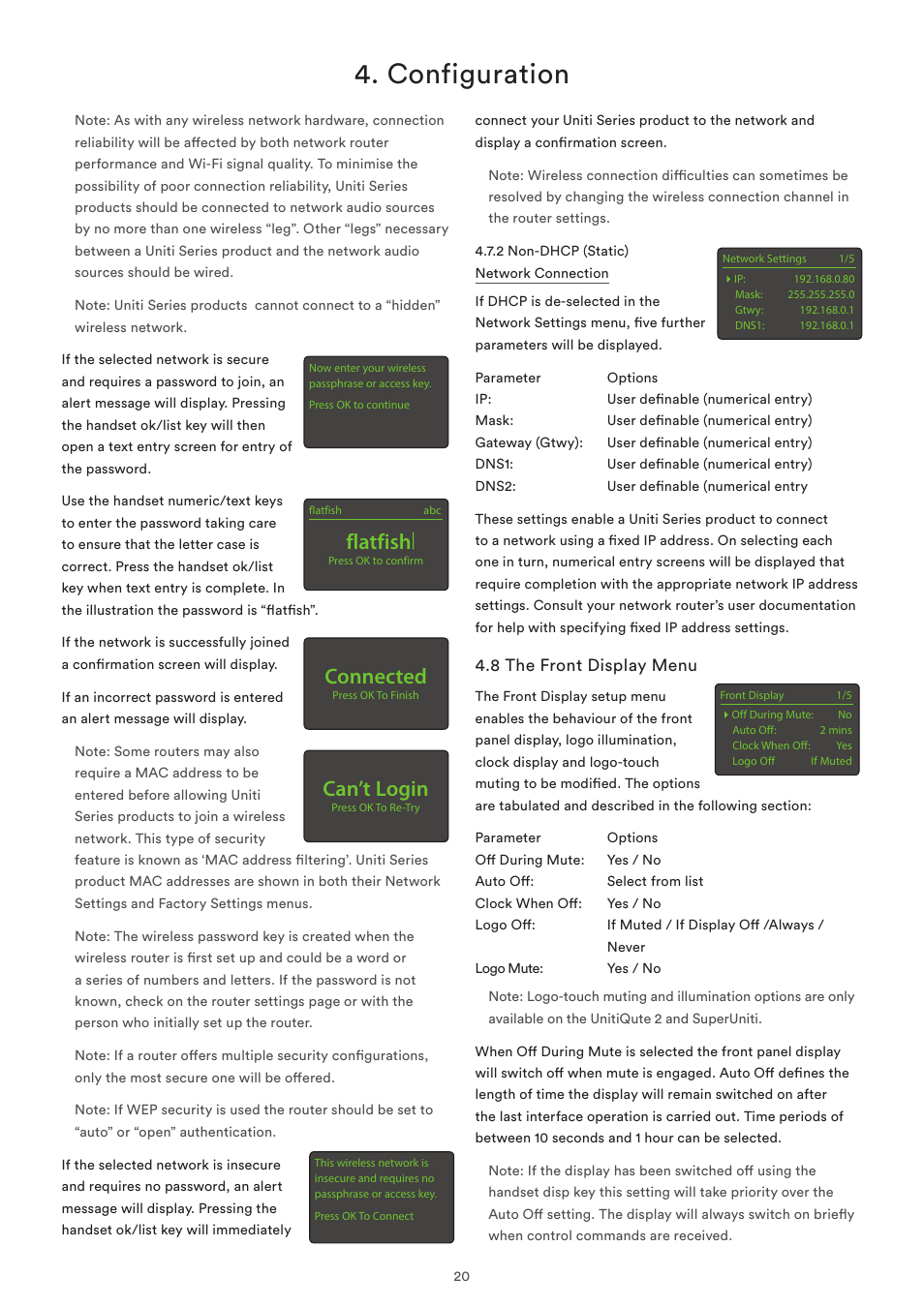 8 the front display menu, Configuration, Flatfish | Connected, Can’t login | Naim Audio SuperUniti User Manual | Page 22 / 36