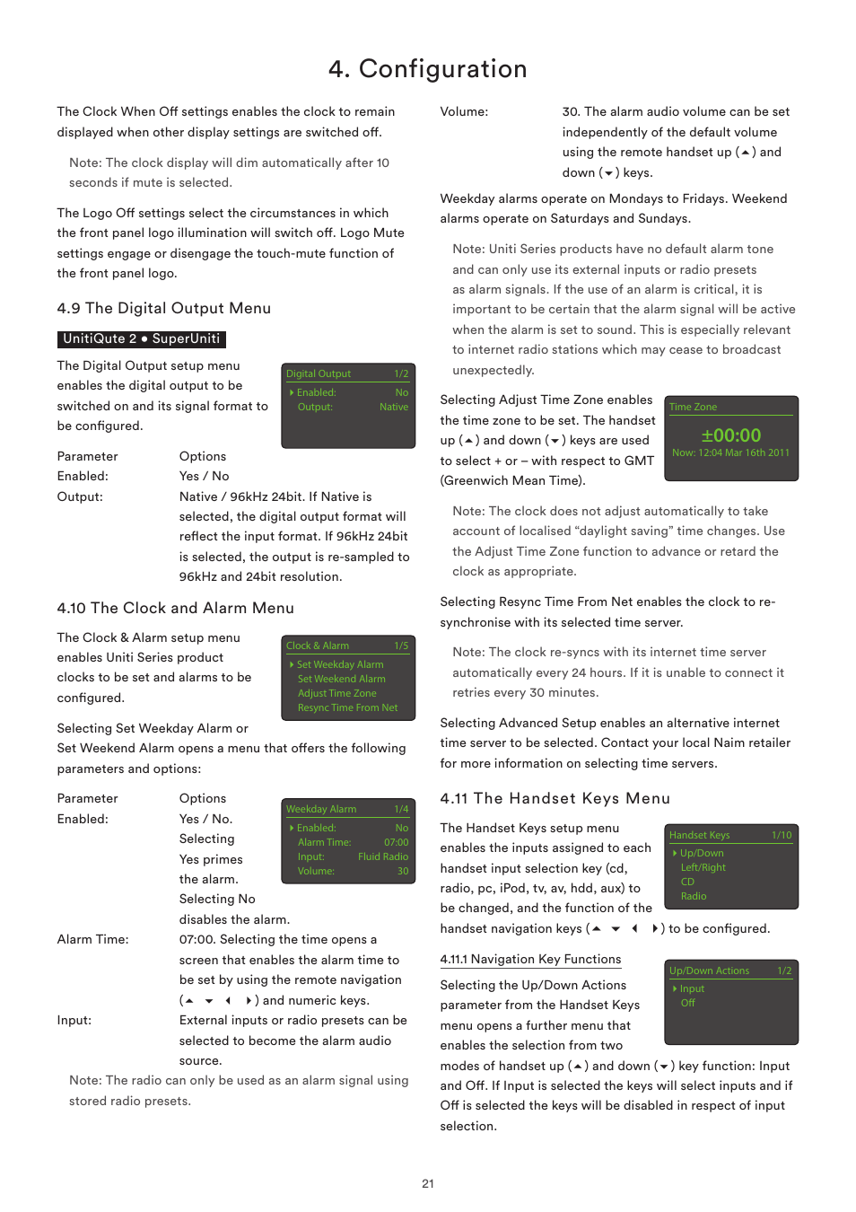 9 the digital output menu, 10 the clock and alarm menu, 11 the handset keys menu | Configuration | Naim Audio SuperUniti User Manual | Page 23 / 36