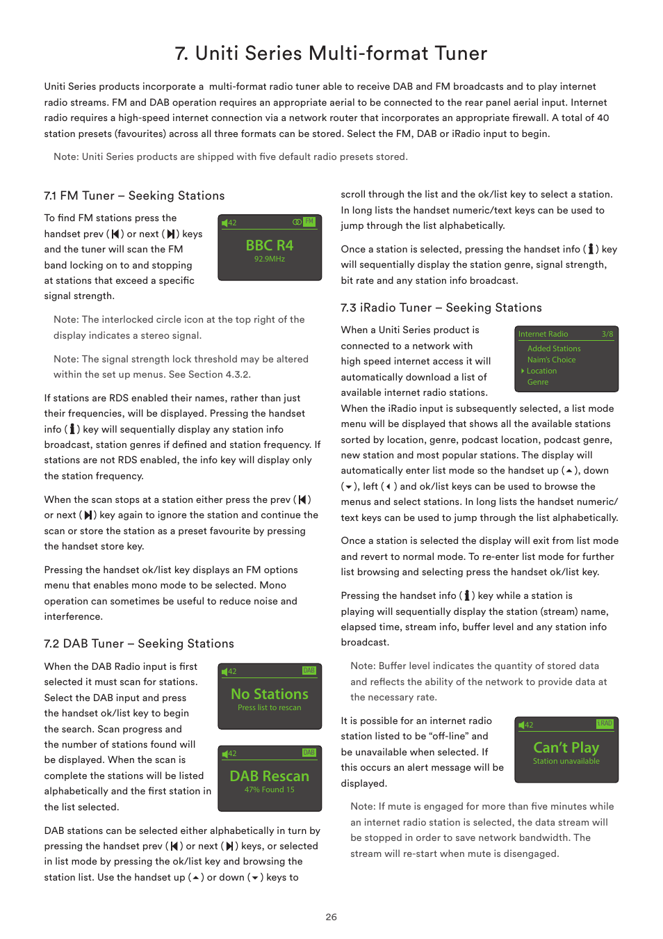 Uniti series multi-format tuner, 1 fm tuner – seeking stations, 2 dab tuner – seeking stations | 3 iradio tuner – seeking stations, Bbc r4, No stations, Dab rescan, Can’t play | Naim Audio SuperUniti User Manual | Page 28 / 36