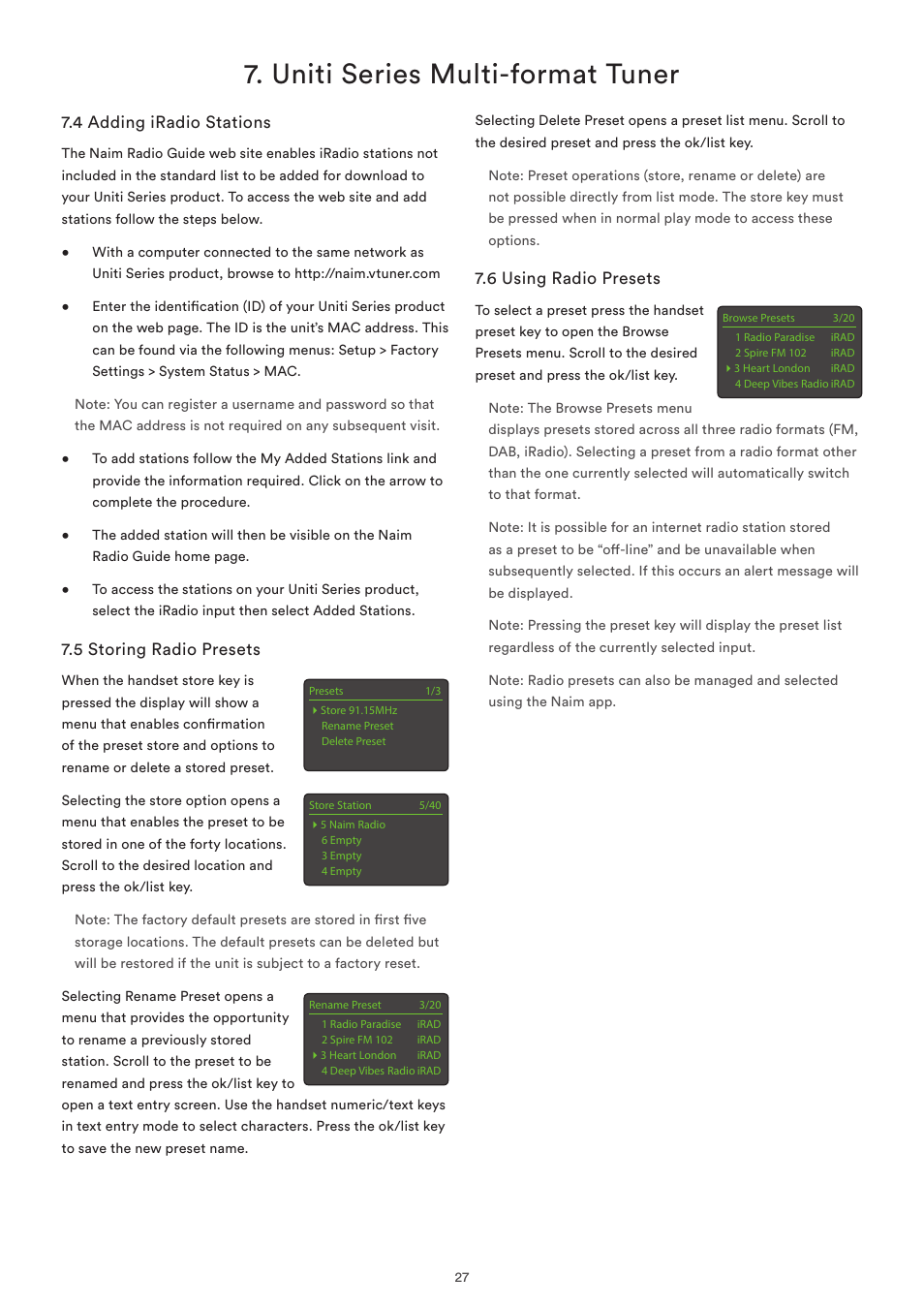 4 adding iradio stations, 5 storing radio presets, 6 using radio presets | Uniti series multi-format tuner | Naim Audio SuperUniti User Manual | Page 29 / 36