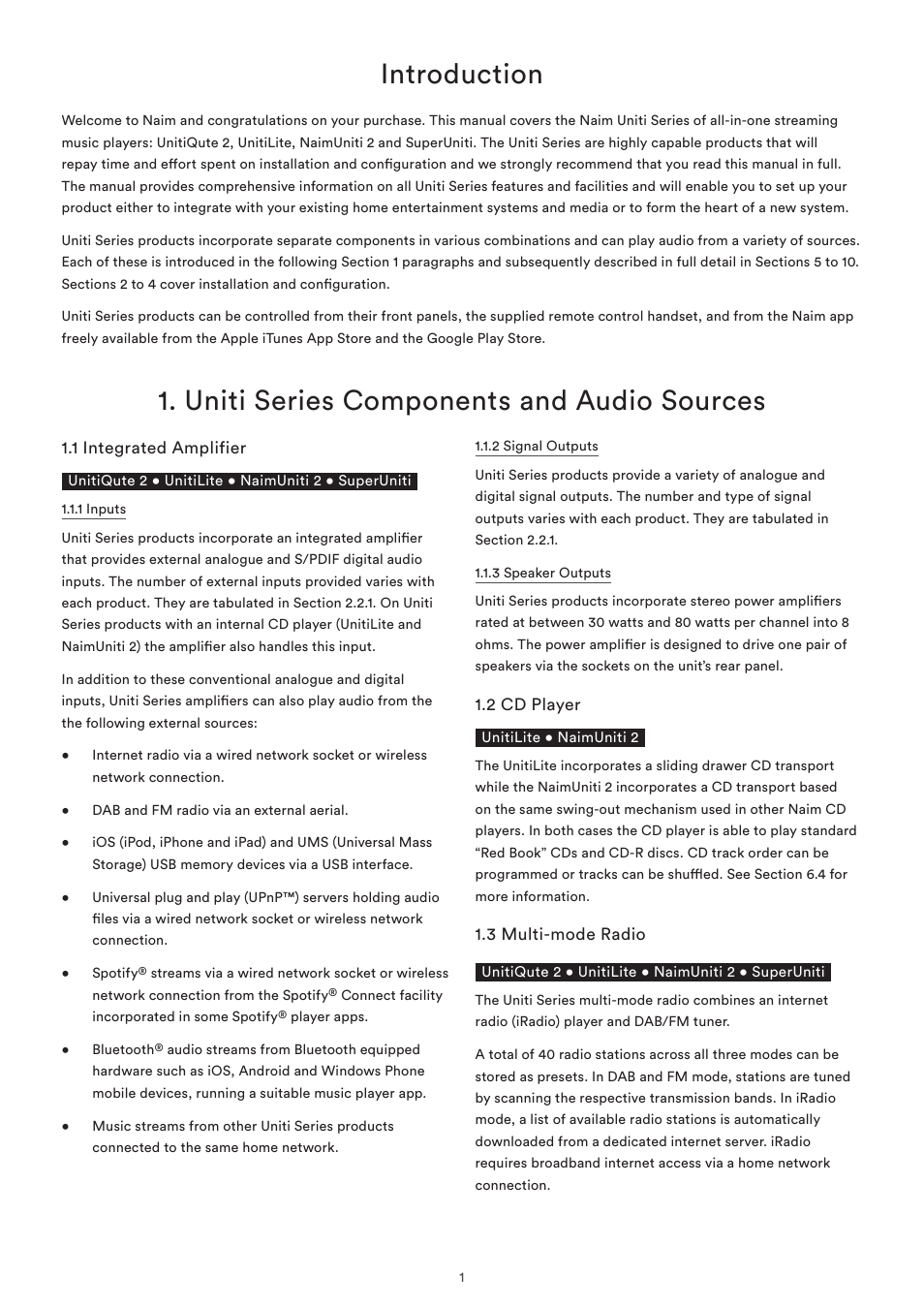 Introduction, Uniti series components and audio sources, 1 integrated amplifier | 2 cd player, 3 multi-mode radio, Introduction 1 | Naim Audio SuperUniti User Manual | Page 3 / 36