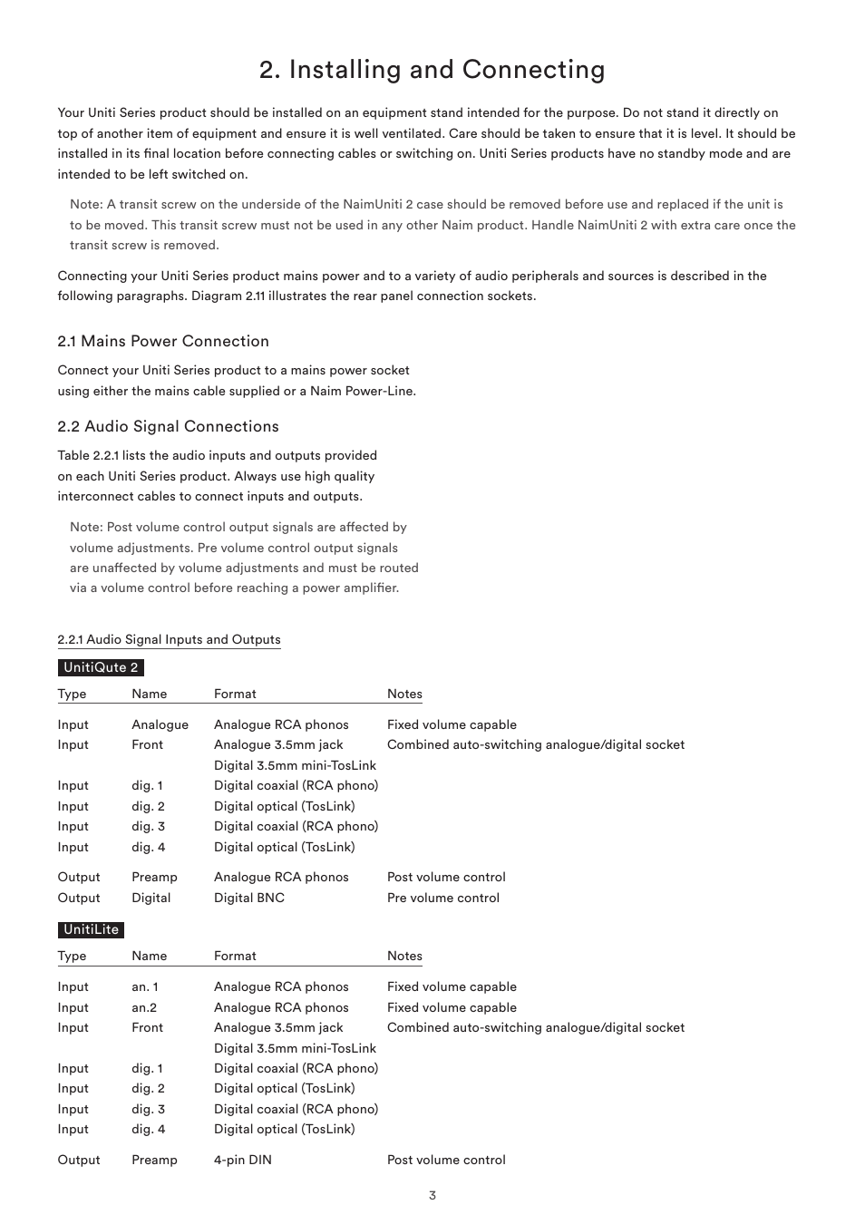 Installing and connecting, 1 mains power connection, 2 audio signal connections | Naim Audio SuperUniti User Manual | Page 5 / 36