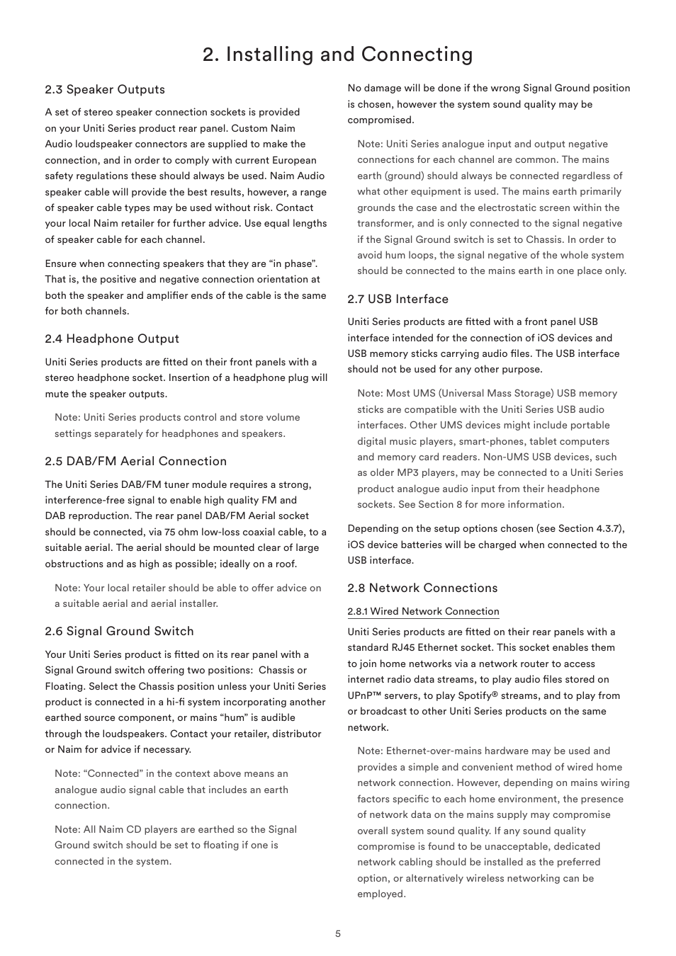 3 speaker outputs, 4 headphone output, 5 dab/fm aerial connection | 6 signal ground switch, 7 usb interface, 8 network connections, Installing and connecting | Naim Audio SuperUniti User Manual | Page 7 / 36