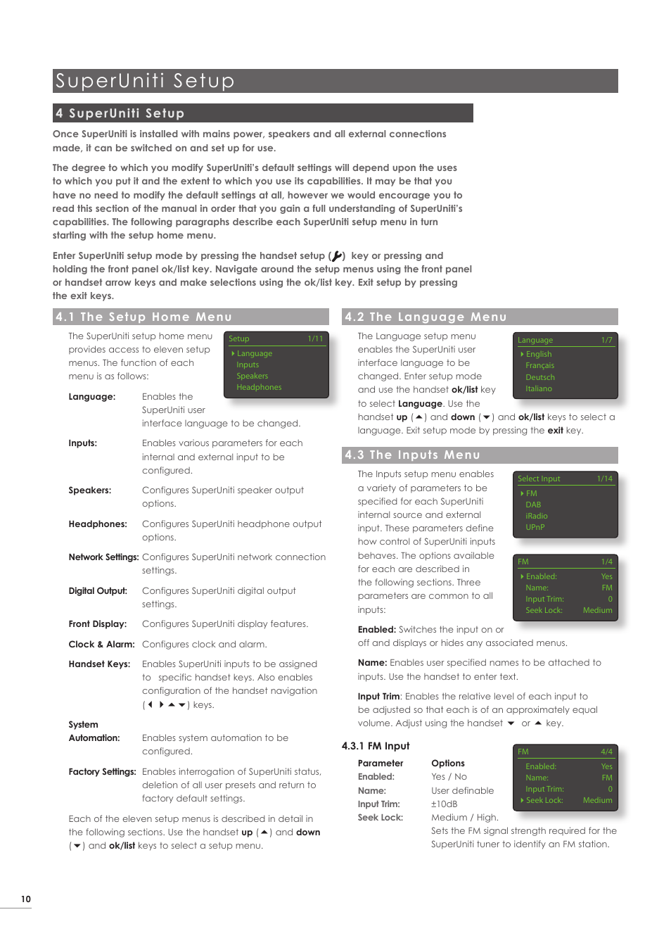 4 superuniti setup, 1 the setup home menu, 2 the language menu | 3 the inputs menu, Superuniti setup | Naim Audio SuperUniti User Manual | Page 12 / 24