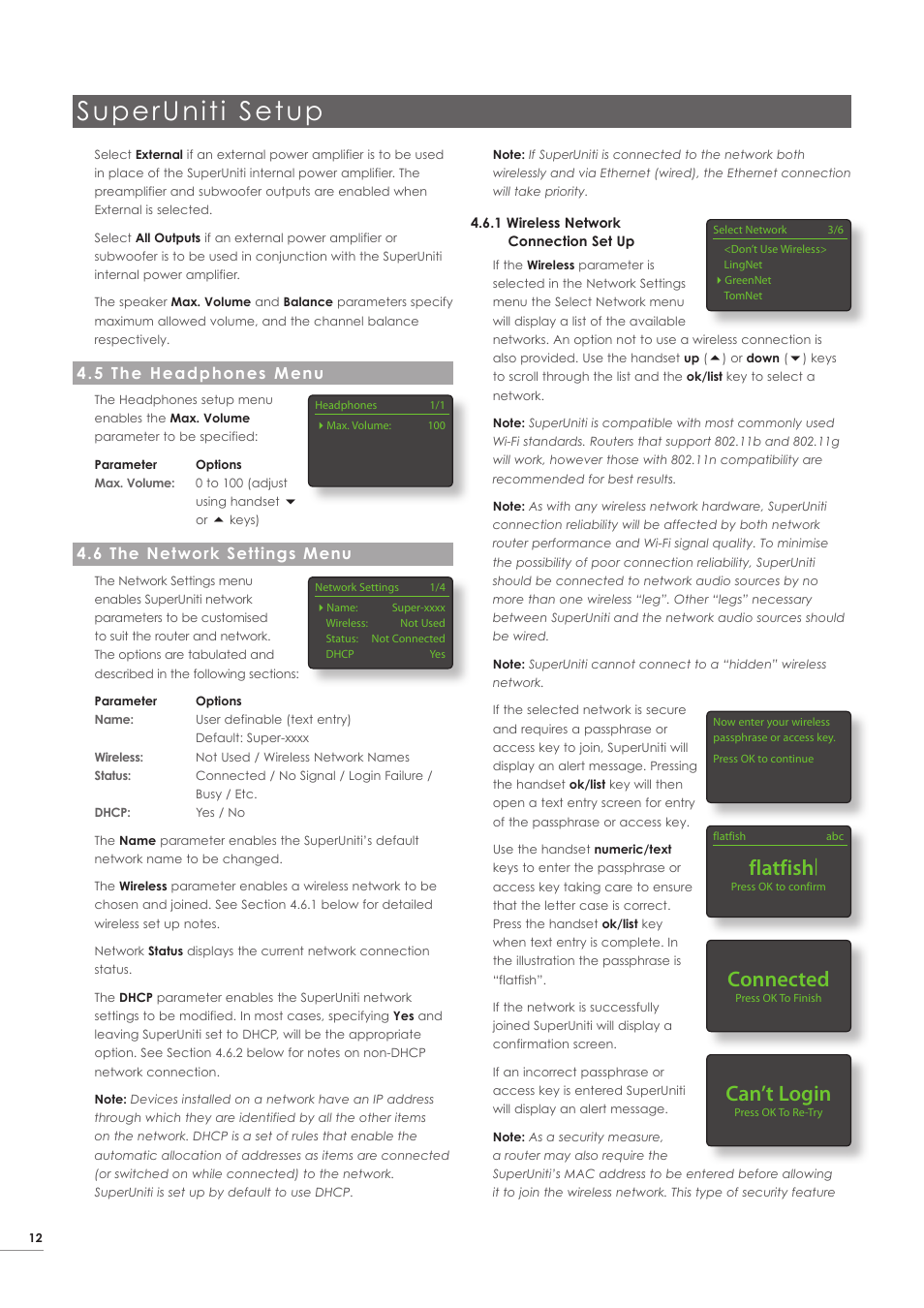5 the headphones menu, 6 the network settings menu, Superuniti setup | Flatfish, Connected, Can’t login | Naim Audio SuperUniti User Manual | Page 14 / 24