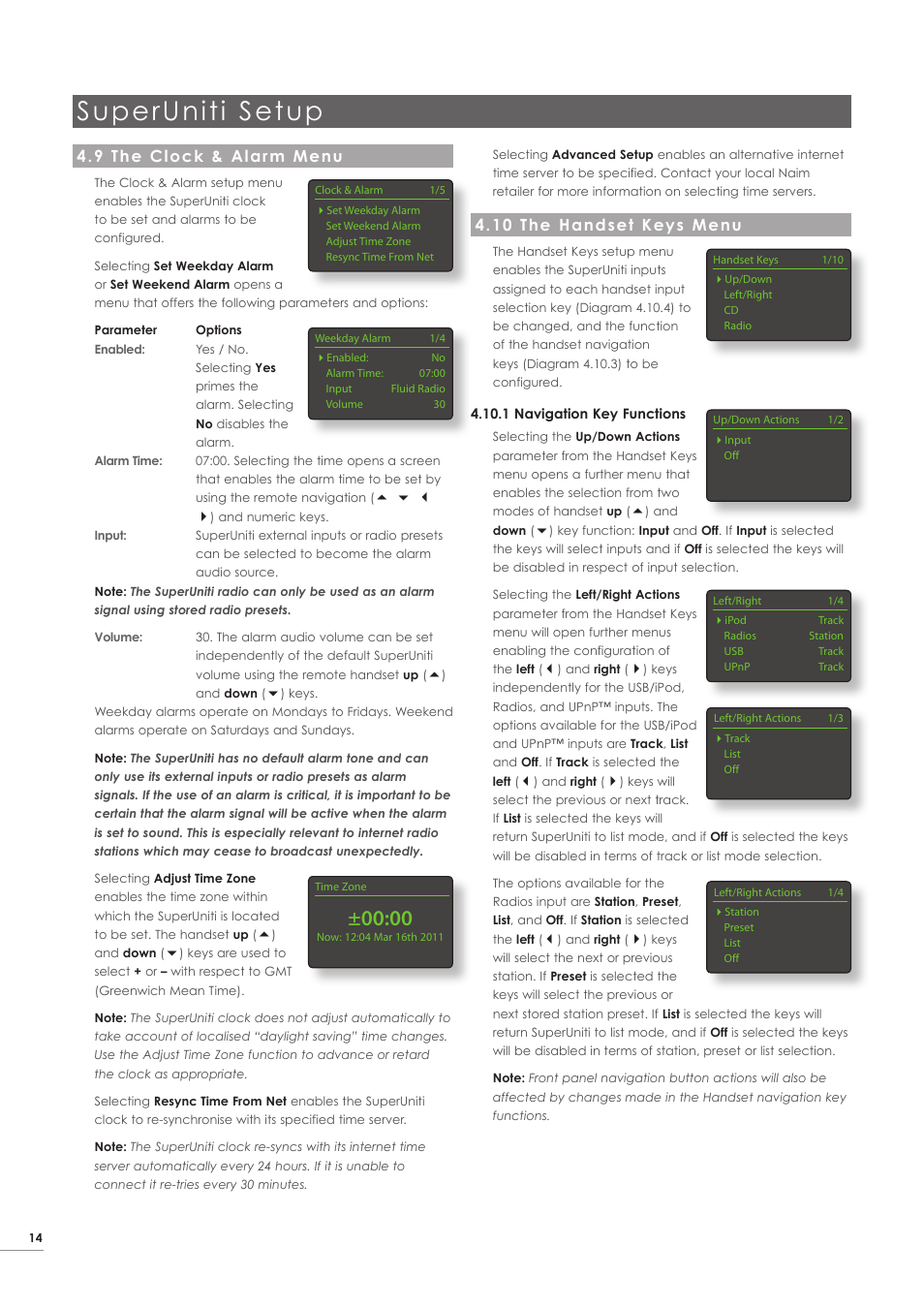 9 the clock & alarm menu, 10 the handset keys menu, Superuniti setup | Naim Audio SuperUniti User Manual | Page 16 / 24