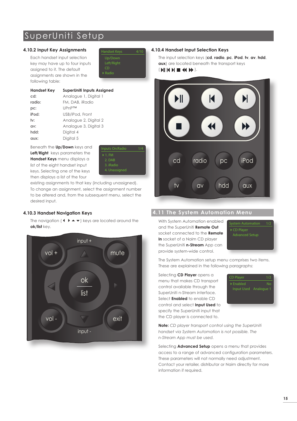 11 the system automation menu, Superuniti setup, Ok list | Disp | Naim Audio SuperUniti User Manual | Page 17 / 24
