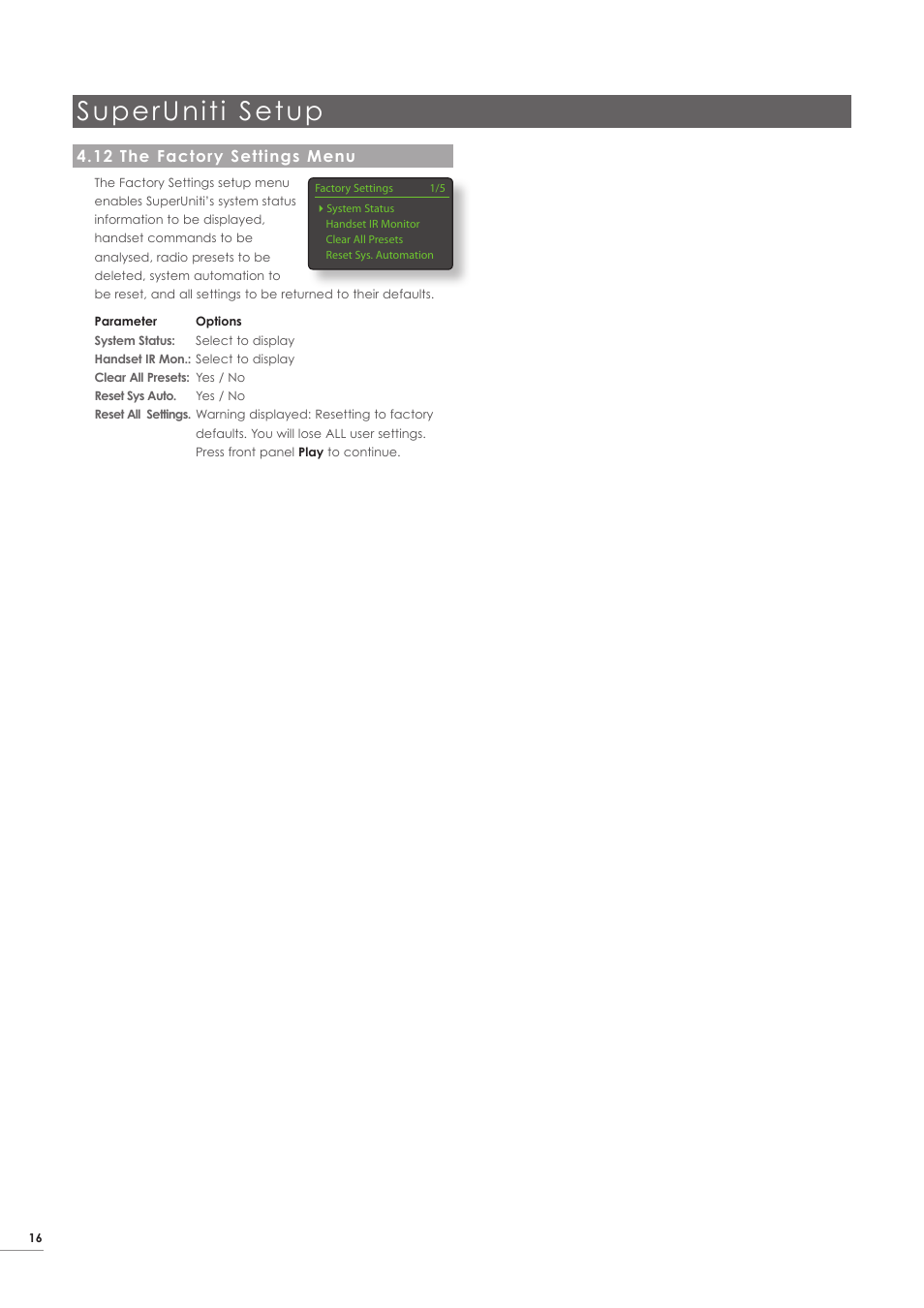 12 the factory settings menu, Superuniti setup | Naim Audio SuperUniti User Manual | Page 18 / 24