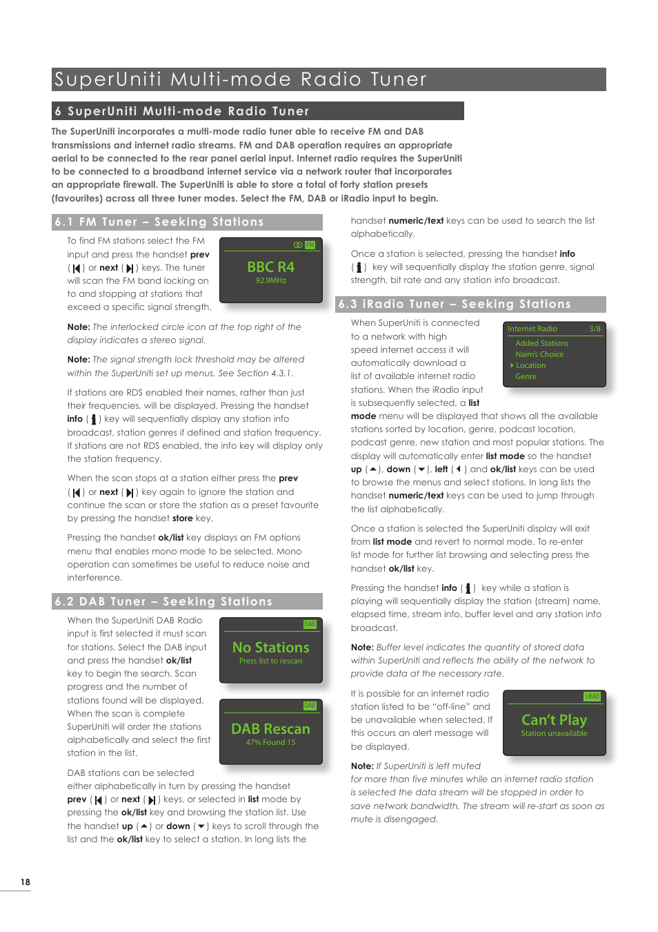 6 superuniti multi-mode radio tuner, 1 fm tuner – seeking stations, 2 dab tuner – seeking stations | 3 iradio tuner – seeking stations, Superuniti multi-mode radio tuner, Bbc r4, No stations, Can’t play, Dab rescan | Naim Audio SuperUniti User Manual | Page 20 / 24