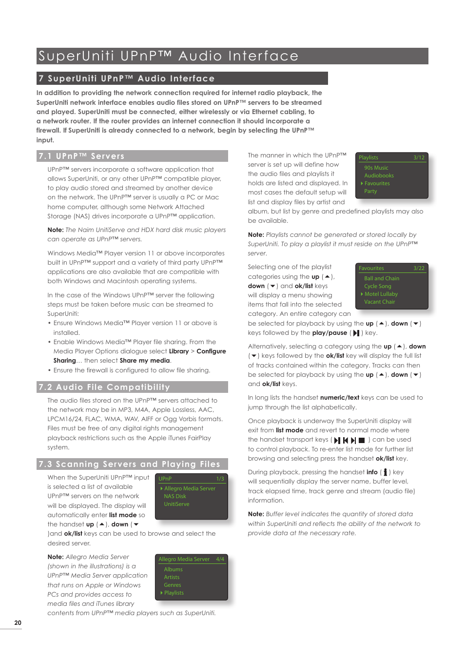 7 superuniti upnp™ audio interface, 1 upnp™ servers, 2 audio file compatibility | 3 scanning servers and playing files, Superuniti upnp™ audio inter face | Naim Audio SuperUniti User Manual | Page 22 / 24