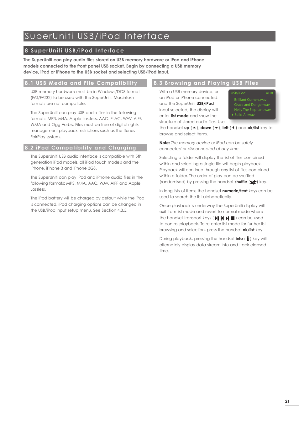 8 superuniti usb/ipod interface, 1 usb media and file compatibility, 2 ipod compatibility and charging | 3 browsing and playing usb files, Superuniti usb/ipod inter face | Naim Audio SuperUniti User Manual | Page 23 / 24