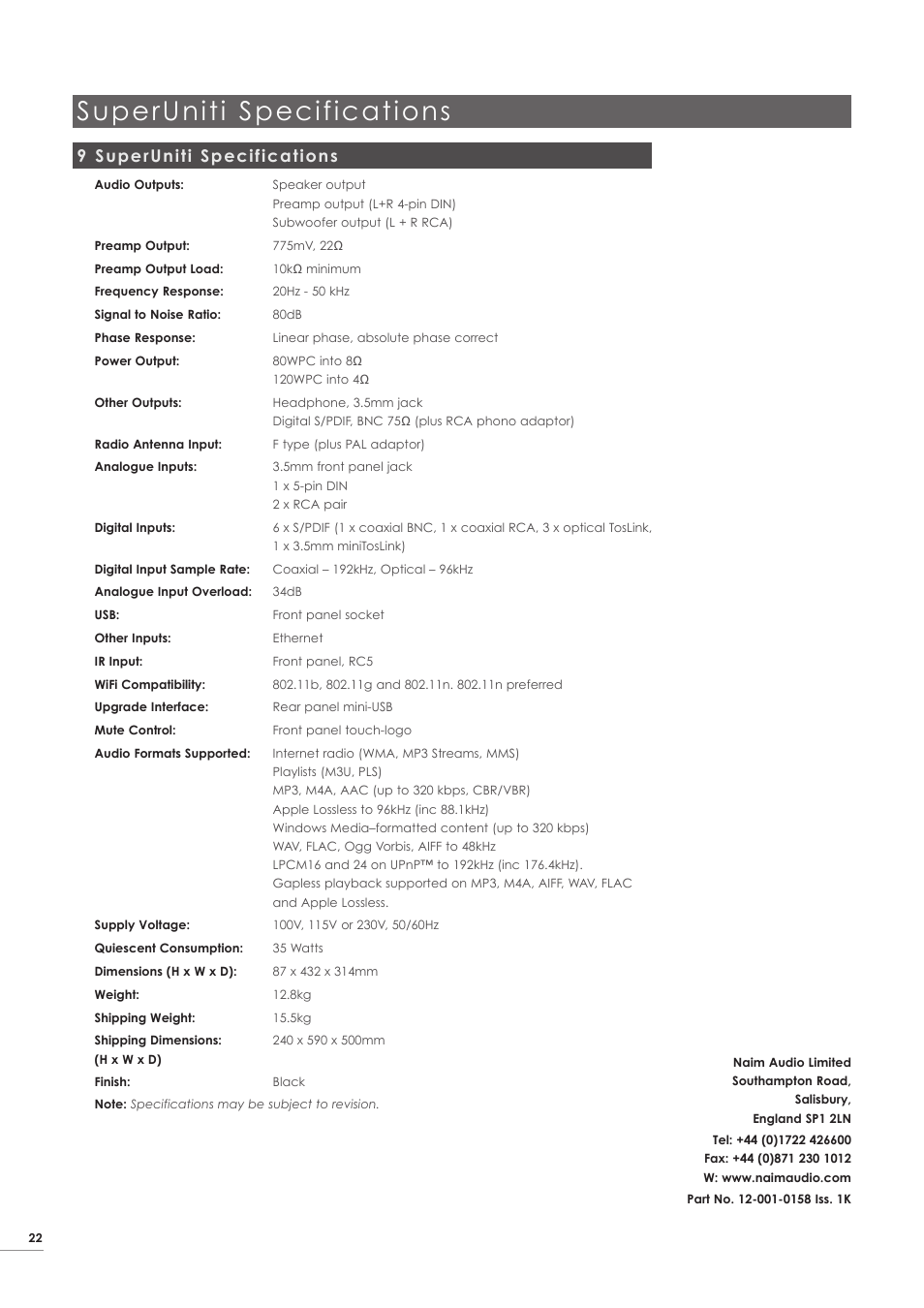 9 superuniti specifications, Superuniti specifications | Naim Audio SuperUniti User Manual | Page 24 / 24