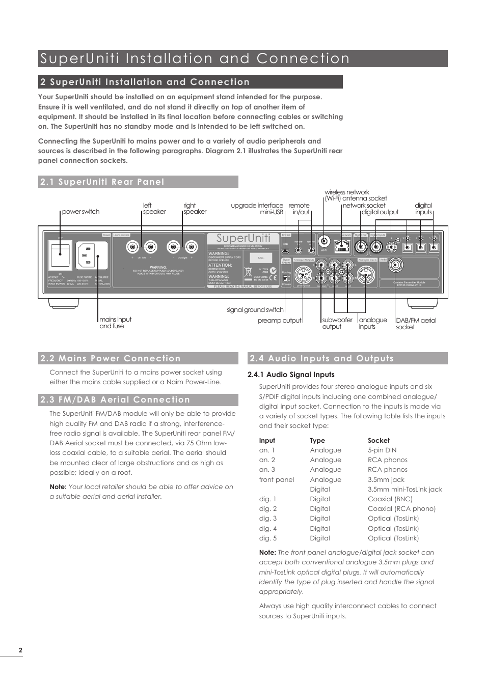 2 superuniti installation and connection, 1 superuniti rear panel, 2 mains power connection | 3 fm/dab aerial connection, 4 audio inputs and outputs, Superuniti installation and connection | Naim Audio SuperUniti User Manual | Page 4 / 24