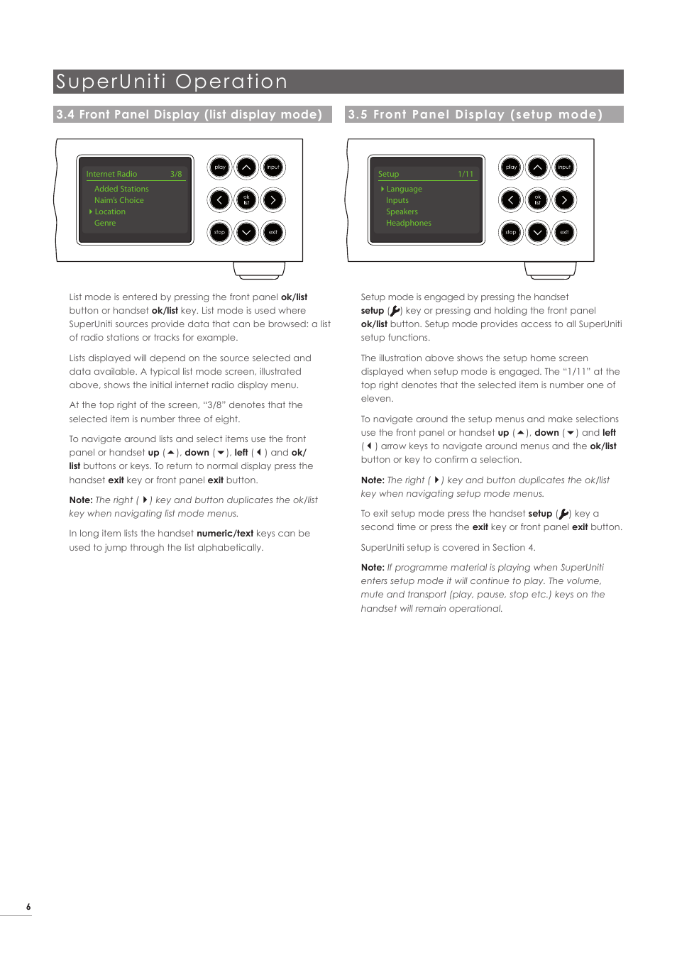 4 front panel display (list display mode), 5 front panel display (setup mode), Superuniti operation | Naim Audio SuperUniti User Manual | Page 8 / 24