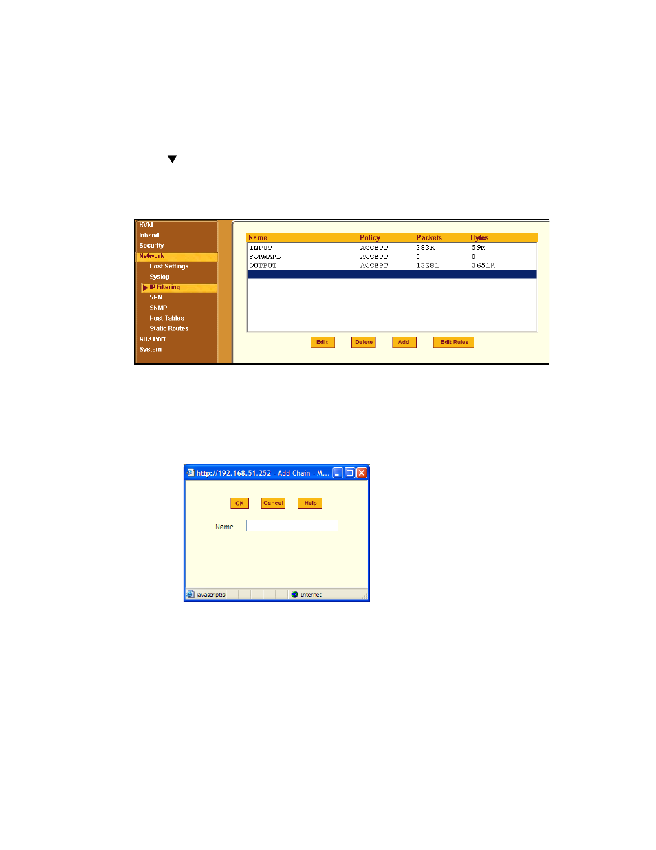 To add a chain for ip filtering | Cyclades User's Guide User Manual | Page 259 / 506