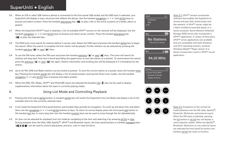 Superuniti • english, No stations, 20 mhz | Using list mode and controlling playback | Naim Audio SuperUniti User Manual | Page 6 / 36