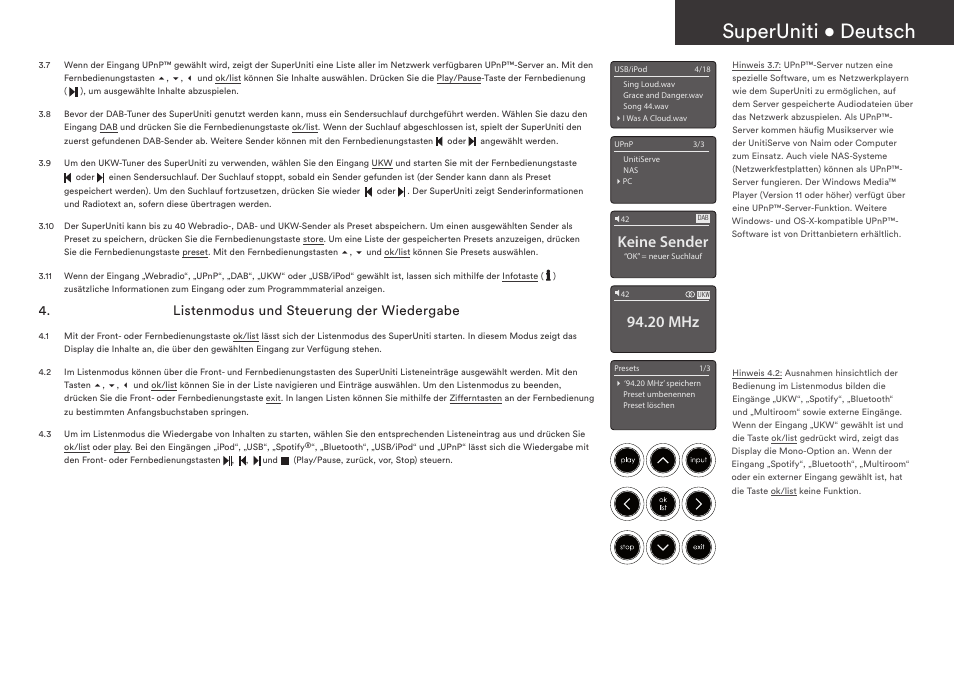 Superuniti • deutsch, Keine sender, 20 mhz | Listenmodus und steuerung der wiedergabe | Naim Audio SuperUniti User Manual | Page 9 / 36