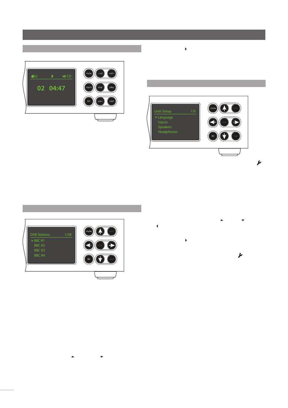 4 front panel display (normal play mode), 5 front panel display (list mode), 6 front panel display (setup mode) | Naim uniti 2 operation | Naim Audio NaimUniti 2 User Manual | Page 8 / 25