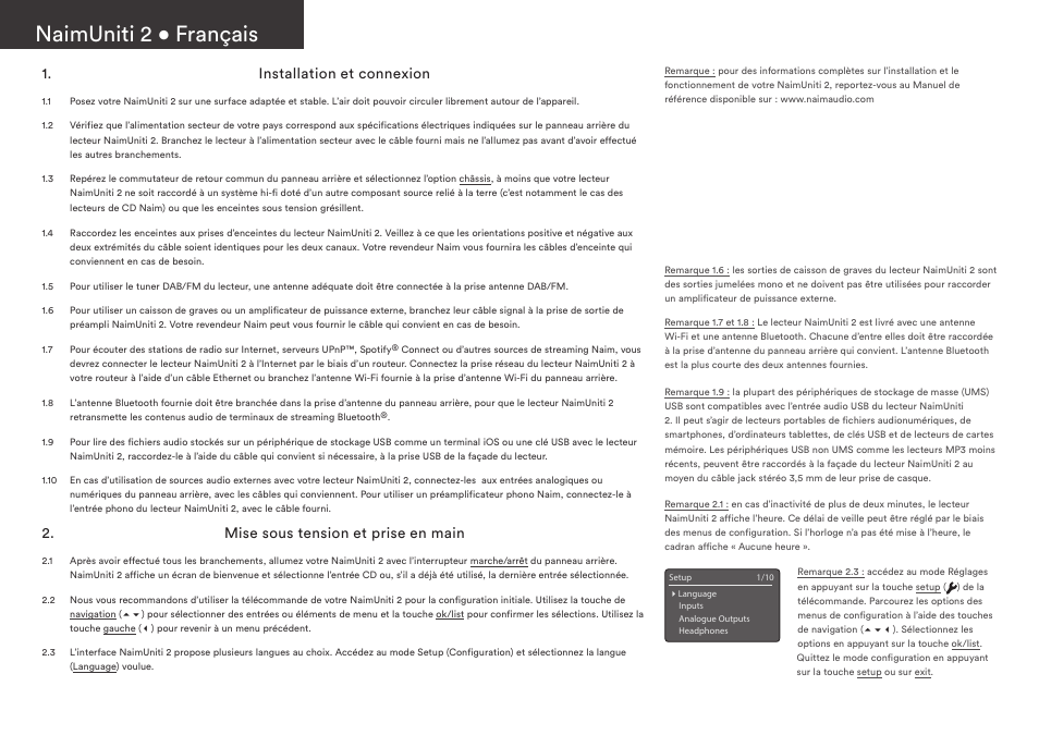 Naimuniti 2 • français, Installation et connexion, Mise sous tension et prise en main | Naim Audio NaimUniti 2 User Manual | Page 10 / 36