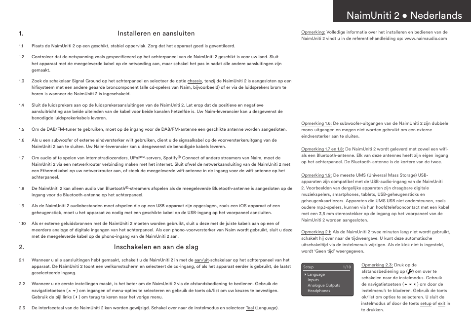 Naimuniti 2 • nederlands, Installeren en aansluiten, Inschakelen en aan de slag | Naim Audio NaimUniti 2 User Manual | Page 13 / 36