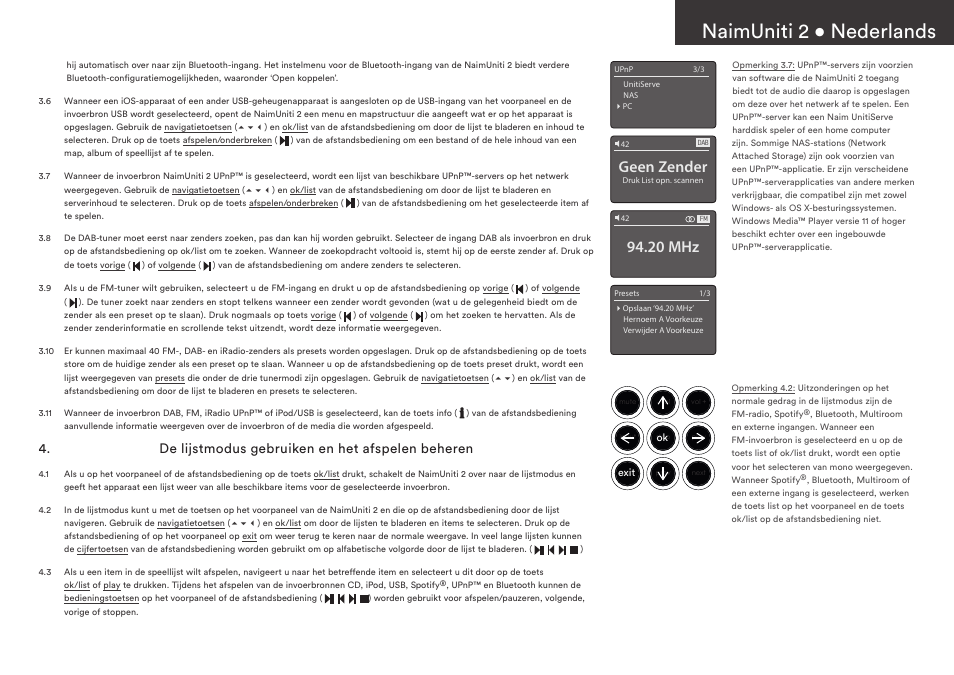 Naimuniti 2 • nederlands, Geen zender, 20 mhz | De lijstmodus gebruiken en het afspelen beheren | Naim Audio NaimUniti 2 User Manual | Page 15 / 36