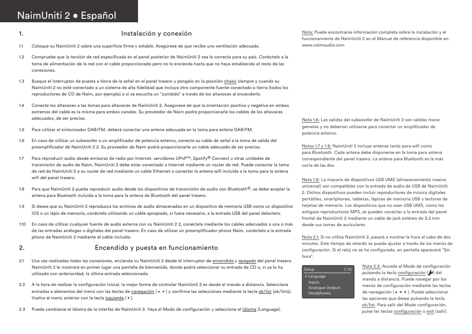 Naimuniti 2 • español, Instalación y conexión, Encendido y puesta en funcionamiento | Naim Audio NaimUniti 2 User Manual | Page 16 / 36