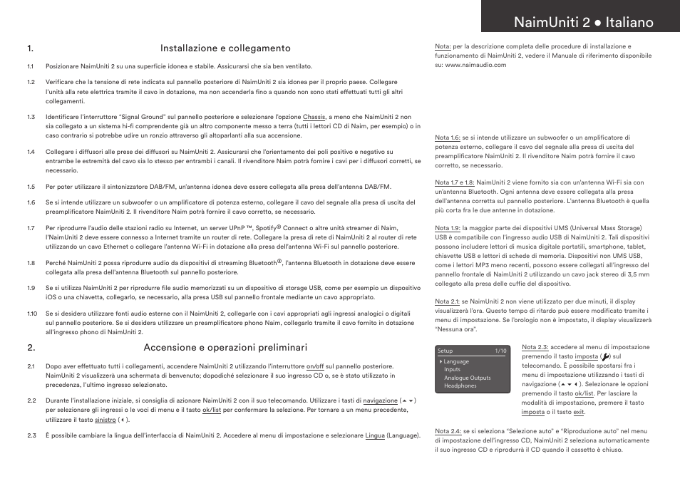 Naimuniti 2 • italiano, Installazione e collegamento, Accensione e operazioni preliminari | Naim Audio NaimUniti 2 User Manual | Page 19 / 36