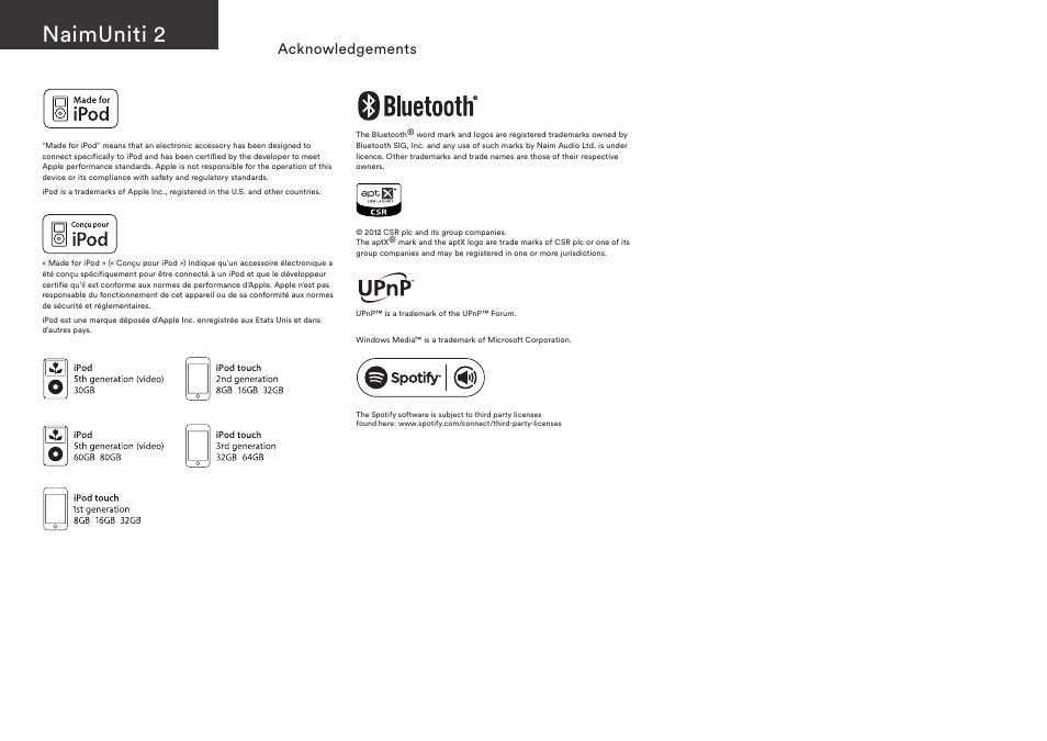 Naimuniti 2, Acknowledgements | Naim Audio NaimUniti 2 User Manual | Page 34 / 36