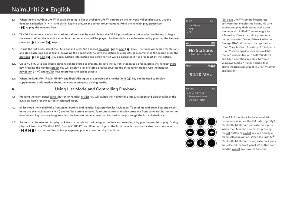 Naimuniti 2 • english, No stations, 20 mhz | Using list mode and controlling playback | Naim Audio NaimUniti 2 User Manual | Page 6 / 36