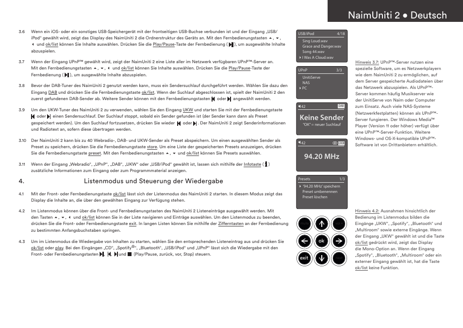 Naimuniti 2 • deutsch, Keine sender, 20 mhz | Listenmodus und steuerung der wiedergabe | Naim Audio NaimUniti 2 User Manual | Page 9 / 36