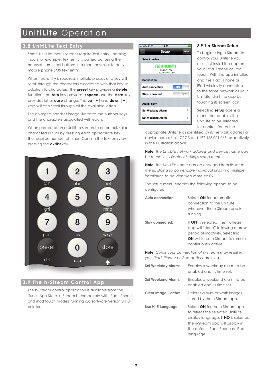 8 unitilite text entry, 9 the n-stream control app, Unit ilite operation | Ok list, Disp | Naim Audio UnitiLite User Manual | Page 11 / 26