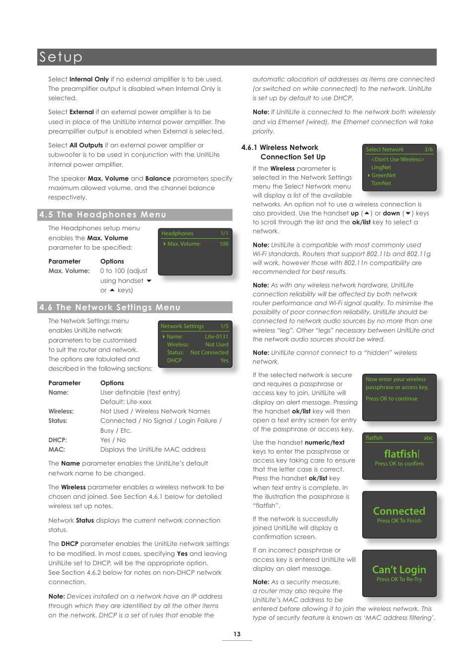 5 the headphones menu, 6 the network settings menu, Setup | Flatfish, Connected, Can’t login | Naim Audio UnitiLite User Manual | Page 15 / 26