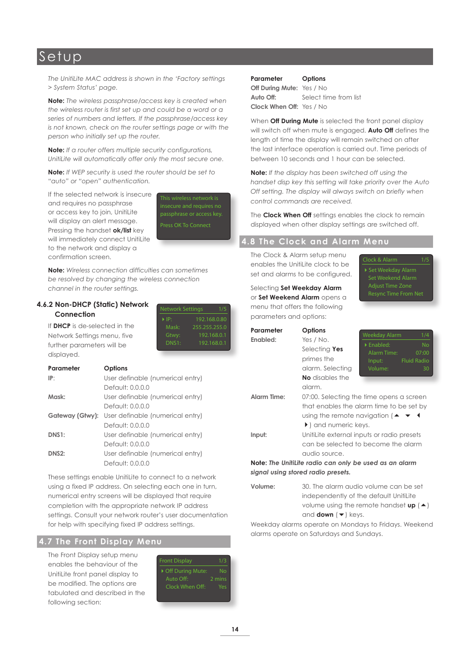 7 the front display menu, 8 the clock and alarm menu, Setup | Naim Audio UnitiLite User Manual | Page 16 / 26